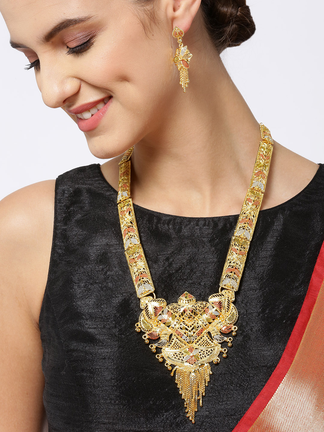 YouBella Red  Lavender Gold-Plated Textured Enamelled Jewellery Set